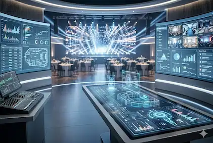 Kontrast między grafiką AI przedstawiającą pusty event a profesjonalną, ludzką obsługą animatora fotobudki 360 od FB360.pl.