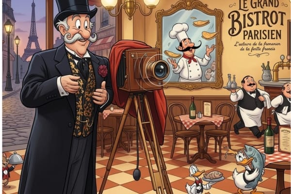 Od Królewskich Portretów do Selfie: Dlaczego Fotobudka to Powrót do Korzeni? Ilustracja w stylu retro przedstawiająca eleganckiego fotografa w cylindrze z dawnym aparatem miechowym na statywie w paryskiej restauracji. Scena nawiązuje do historii fotografii i tradycji uwieczniania chwil, którą kontynuuje fotobudka fb360.pl.