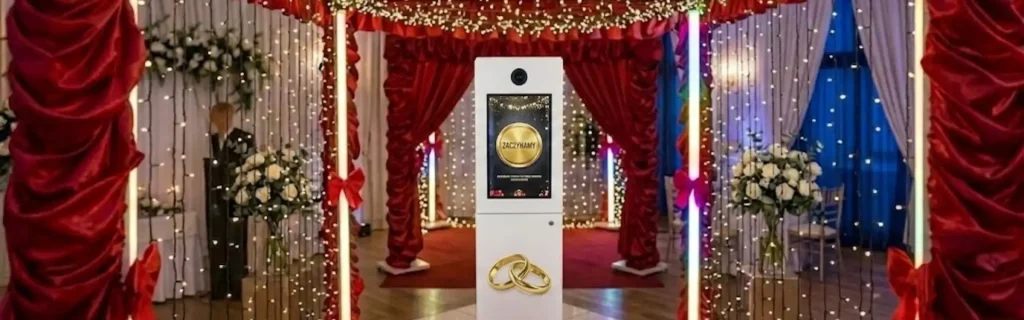 Stanowisko fotobudki FB360 w Łodzi z profesjonalnym oświetleniem frontowym i kontrowym