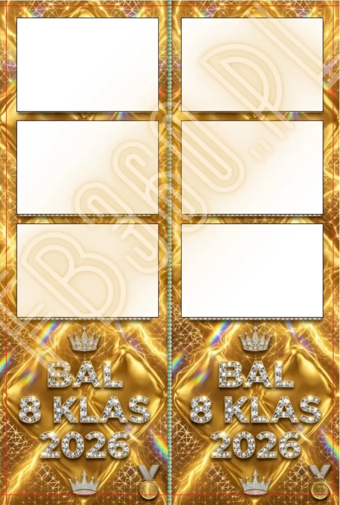 Minimalistyczny projekt na bal 8 klas – białe tło i złote napisy.