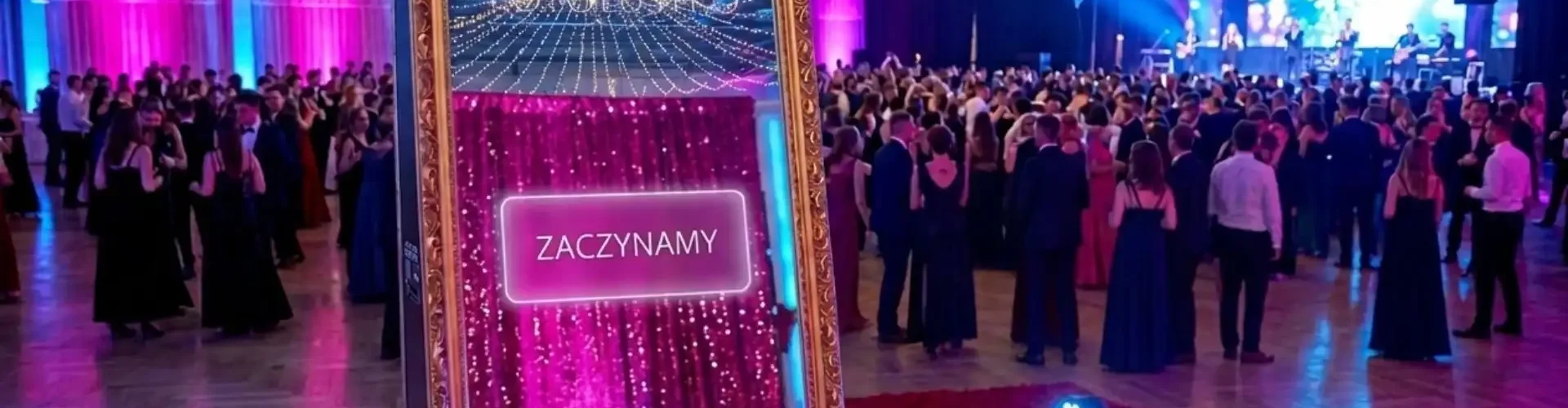 Magiczne Fotolustro w Łodzi – elegancka atrakcja weselna z czerwonym dywanem i złotymi słupkami.